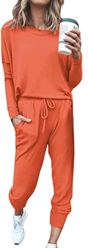 Byxdress dam elegant stor storlek 2 st dam färg kostym långärmad fritid hem joggingbyxor set camping träningsoverall, apelsin, S