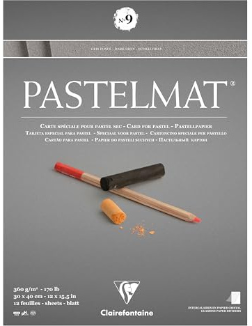 Clairefontaine 96215C Bloc Collé Pastelmat n°9-12 Feuilles Carte Spéciale pour Pastels Secs - 30x40 cm 360g - Gris Foncé - Intercalaires en Papier Cristal