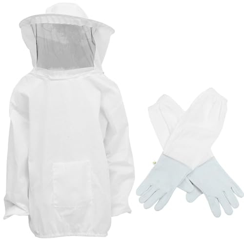 Kichvoe Traje para Apicultor Color Claro 2 Piezas Guantes Gruesos de Gamuza y Poliéster, Velo Protector para Apicultura, Resistente y Transpirable para Trabajo Seguro en Colmenas