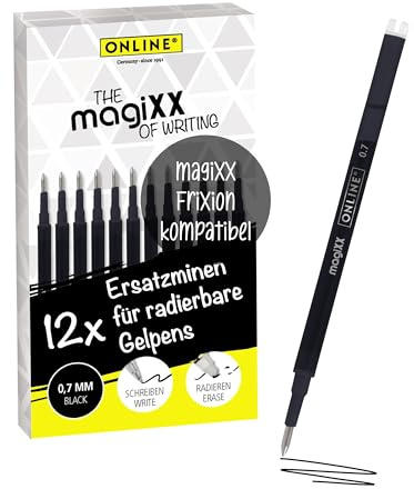 ONLINE 12x recharge roller effaçable noir, compatible avec Online magiXX, Frixion etc., pour stylos à encre gel effaçables, pointe moyenne, rechargeable