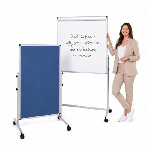 Wonderwall Mobile Combi Board, Mag Whiteboard & Blue Felt, 100 x 70cm | Height Adjustable 3-in-1 Dual Board with Smooth Magnetic Surface, Flipchart A1 Pad Holder, Display Pinboard on the Reverse