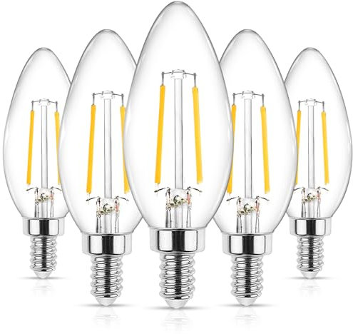Ascher Lot de 5 ampoules LED E12 classiques en forme de candélabre, 4 W, équivalent à 40 W, blanc chaud 2700 K, intensité non variable, filament en verre transparent