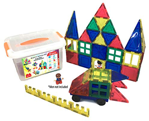 Mania-Mag Blocs Construction magnétiques│70 pièces: tuiles aimantées XXL, Roues de Voiture + Boite de Rangement Plastique│ Super Cadeau éducatif et créatif pour garçons et Filles de 3 Ans et +