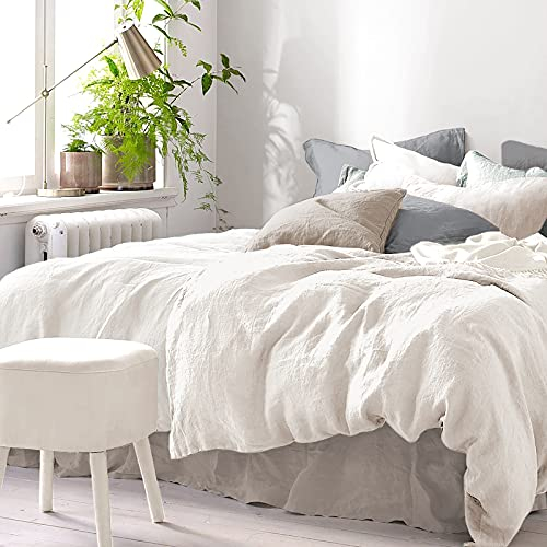 Pure Label Halbleinen Bettwäsche 155x220 cm mit Kissenbezug 80x80 cm in weiß - Bügelfreie Bettwäsche Sets 155 x 220 aus belgischem Leinen und feinster Baumwolle