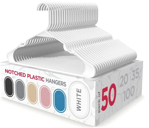 Sharpty Plastic Hangers Clothes Hangers for Clothing, Closet, Coats & Shirts - Notched, Durable, Space Saving - for Everyday Standard Use, Room Essentials & Basics - 50 Pack - White