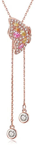 BCughia Vintage Schmuck, Collier Damen Roségold Andere Verschlussart Längliches Kabel Kupfer Rosa Gelb Tropfenschliff Zirkonia Schmetterling 760mm