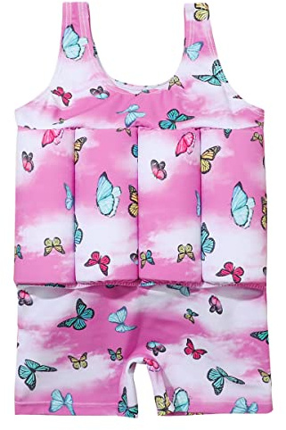 AFAVOM Floatation Swimsuits with Adjustable Buoyancy for Toddler Kids Baby Boys Girls Float Suit Floating Swimwear Bathing Suit Swim Vest with 8 Removable Buoyancy Sticks Pink Butterfly 2-3 Years