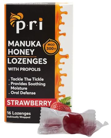 P.R.I Manuka Honey Lozenges with Propolis, Strawberry Menthol Cough Drops, Natural Throat Drops, MGO 300+ Certified (16 Count)
