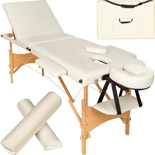 tectake® 3 Zonen Massageliege, belastbar bis 250kg, Mobile Massagebank, Set mit Zubehör, Polsterung, Rollen, Holzgestell, Tragetasche, als Kosmetik Stuhl, Möbel für Studio, höhenverstellbar - beige