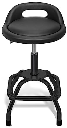Type S Shop Stool with Backrest – Adjustable Garage & Workshop Stool, 360° Swivel with Footrest, Padded Seat & Lumbar Support, Heavy-Duty Steel Frame, 22–28” Height