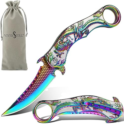 Vividstill cool Drache Klappmesser Taschenmesser für Männer, cool messer mit Titanplattiert Prägen 3D Drache, gute Geschenk Edc Messer für Männer Outdoor Überleben Camping