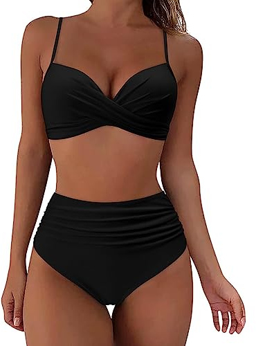TOEECY Costume da Bagno Donna Due Pezzi Regolabile Bikini Set Ruched Reggiseno con Fondo Pantaloncini da Bagno Vita Alta Sexy Push up Costumi da Mare Beachwear Swimwear (Nero,M)