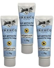 Fresco Naschwurst Geflügelcreme m. Lachsöl | für Welpen | 3X 75g | der Schleck-Snack aus der Tube | zum Training oder einfach als Belohnung