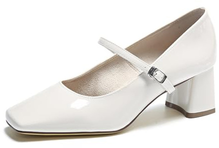 SUCHETA Mujeres Retro Mary Jane Zapatos Cabeza Cuadrada Shallow Mouth Tacones Altos Charol Grueso con Moda Zapatos Sencillos Temperamento Zapatos de Boda de Mujer