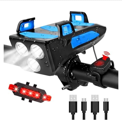 QYJLOFMVE LED Bike Light Set with Rechargeable Phone Holder, 4000mAh Bike Light with Power Bank with Bell and Tail Light, Bicycle Flashlight, Hiking, Camping, All Mountain and Outdoor, Road Cycling