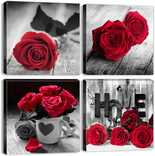 Black and White Floral Wall Art for Living Room Retro Red Rose Wall Decor Romantic Flower Pictures for Bathroom Walls Rustic Bouquet Painting Canvas Prints Artwork Girls Bedroom Decorations 12x12 4P