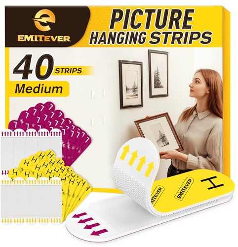 EMITEVER Picture Hanging Strips Heavy Duty, Damage Free Picture Hangers for Walls, Picture Hanging Kit, Hanging Hooks Without Nails, Medium Adhesive Wall Strips for Poster Sticky 20-Pairs (40 Strips)