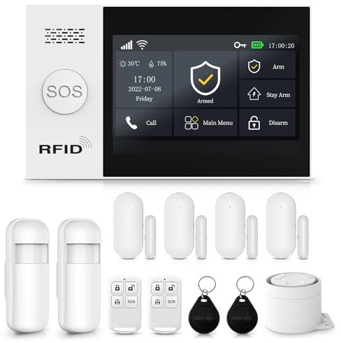 XNY Voller Touchscreen Funk Alarmanlage Haus,4G Haus Alarmanlage Komplett Set, WLAN Alarmanlage Wohnung mit APP Alarm, 12-Stück-Kit (Fenster Tür Sensoren, Bewegungsmelder, Fernbedienungen, Sirene)