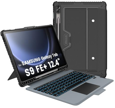 Nillkin for Samsung Galaxy Tab S9 FE Plus Case with Keyboard, Multi-Touch Trackpad, 7-Color Backlit, Trackpad, S Pen Holder, Rugged Detachable Keyboard Case with Adjustable Stand, Black