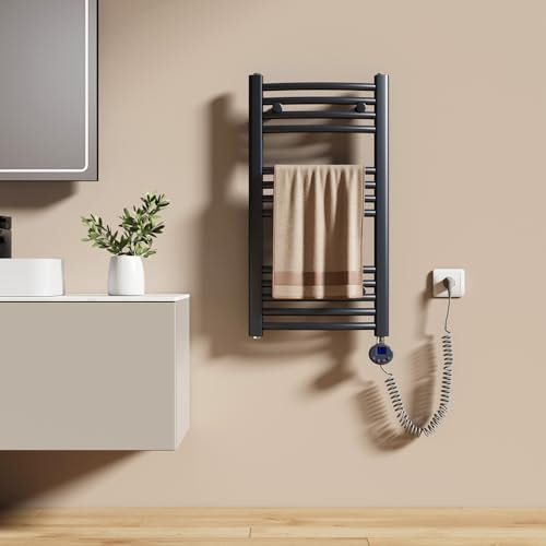 EMKE Scaldasalviette Elettrico per Bagno 75 x 40 cm, Radiatore Curvato con Termostato, Scaldasalviette Elettrico, Supporto Porta-Asciugamani, Antracite, 250 Watt