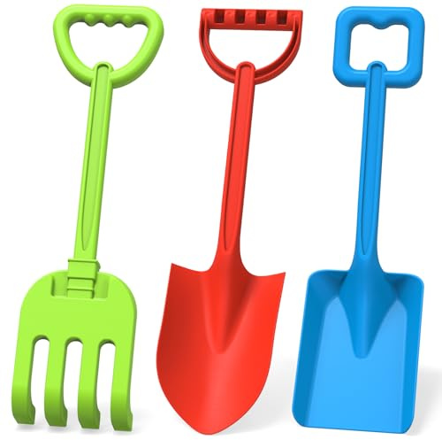 3 PCS Beach Shovel Sand Shovels Snow Toys for Kids Adults, 16 Inch Spade Rake Sandbox, Sturdy Scoop Trowel Garden Digging Planting Tool, Kids Snow Shovel Outdoor Play Summer Vaction Gift Party Favor