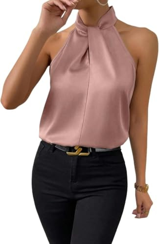 Kvinnors Tankar Kvinnor Twist Front Halter Neck Silk Satin Top, Lotus Color, M