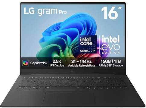 LG gram Pro 16Z90TS - 16 Inch 2.5K IPS Ultra-Lightweight Laptop, Intel Core Ultra 7 256V 47TOPS NPU - EVO Edition, 16GB RAM, 1TB SSD, Windows 11 Home, gram Hybrid AI, Copilot+ PC, Metal Grey (2025)
