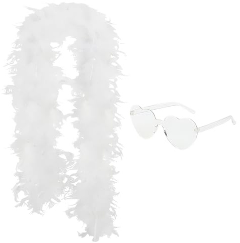 GXGM Boa en plumes de dinde de 1,8 m avec lunettes de soleil et écharpe, décoration pour robe de mariée, carnaval, Halloween, costume de Noël (blanc)