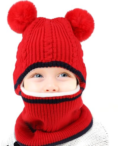 QKURT 1 st barn vinter balaklava, småbarn tjock vinter balaklava mössa hattar varm stickad mössa halsduk halsvärmare termisk fleecefoder stickad mössa med 2 fluffiga bollar för pojkar flickor 2-6, Röd