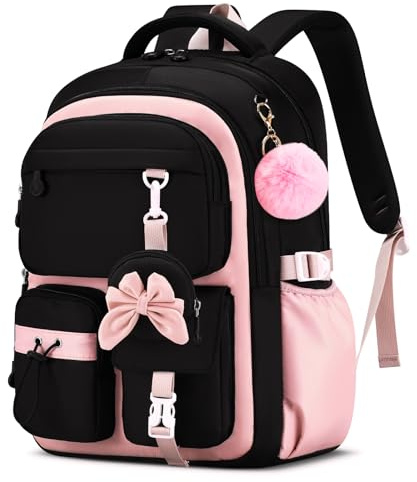 Amythe Zaino Scuola Ragazze Adatto alle Classi 1ª-5ª Elementare Zaino Scuola Ergonomico con Strisce Riflettenti - Zaino Casual per Bambine con Ciondolo Carino - Rosa