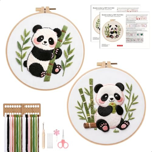 keyuancan Kit Broderie Debutant, Kit de Broderie, Embroidery Kits Motif Panda avec du Tissu Imprimé, Cerceau, Fil et Aiguilles Cadeaux DIY Faits Main pour Adultes, Filles, Adolescents, 2 PCS