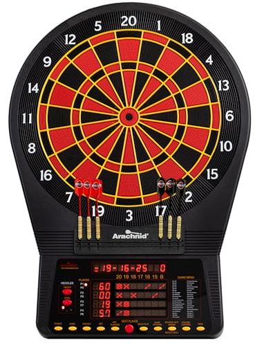 Arachnid Cricket Pro 800: 15.5” regulation size with 40 games and 179 variations. Features 8-player LED scoring, Heckler feedback, and durable NylonTough segments with micro-thin dividers