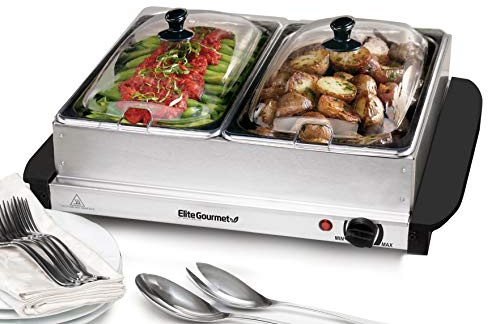Elite Gourmet EWM-6122 Dual 2 x 2.5 Qt. Trays, Buffet Server, Food Warmer Temperature Control, Clear Slotted Lids, Perfect for Parties, Entertaining & Holidays, 5 Qt Total, Stainless Steel