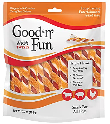 Good ‘n’ Fun Triple Flavor Twists for All Dogs, 70 Count, Treat Your Dog to Long-Lasting Chews Made with Beef Hide, Pork Hide and Chicken