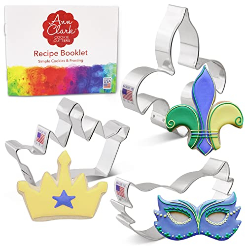 Mardi Gras - Juego de 3 cortadores de galletas fabricados en los Estados Unidos por Ann Clark, máscara, corona, flor de lis
