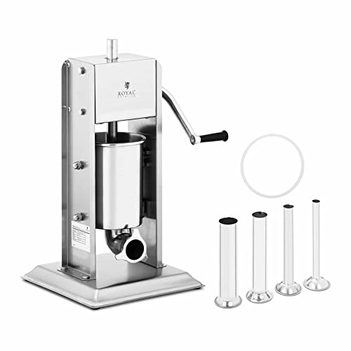 Royal Catering Poussoir À Saucisse Machine A Viande Manuel Vertical Bourreuse Embosseuse Charcuterie Main RCWV-3L (Volume 3 l, Cylindre Ø 14 cm, 4 Tubes De Remplissage, 2 Vitesses, Manivelle)