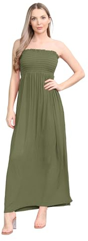 Hamishkane® Robe longue pour femmes, Robe bandeau sans bretelles, Robe bustier froncée à encolure ras-du-cou, Robes longues d'été pour femmes UK, kaki, 44-46