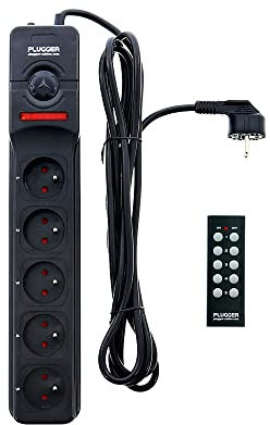 Plugger Bloc multiprise électrique noir 5 prises 16A avec terre, interrupteur, télécommande sans fil pour chaque prise, Câble de 1,4m. Puissance 2300W pour maison, bureau, home studio. Haute qualité.