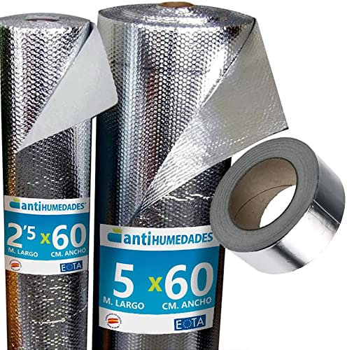 Isolant thermique réfléchissant en aluminium (2,5 x 0,6 m) + ruban aluminium (10 m) - Isolation de caisses de volets, radiateurs, murs, plafonds, caravanes, campers, garages