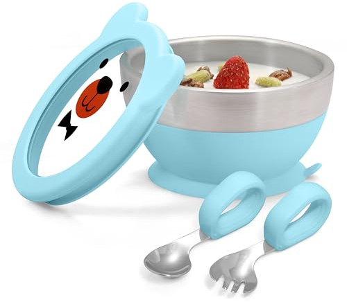 MR. CHOU Suction Baby Bowl Set with Spoon & Fork, Double-Wall 18/8 Stainless Steel Toddler Bowls with BPA Free Airtight Lids, Food Grade Infant Self-Feeding Bowl, First Stage Led Weaning Supplies Blue