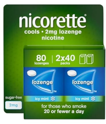 Nicorette Cools 2mg Lozenge, 80 Lozenges (2 x 40 Packs), Effective and Discreet Quit Smoking Aid for Cigarettes, Nicotine Lozenges with Dual-Layer Icy Mint Flavour Release