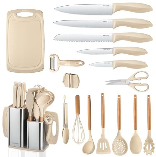 RAXCO Set di coltelli da cucina con blocco, 18 pezzi di utensili da cucina con 5 coltelli e 7 spatole in silicone (Cachi)