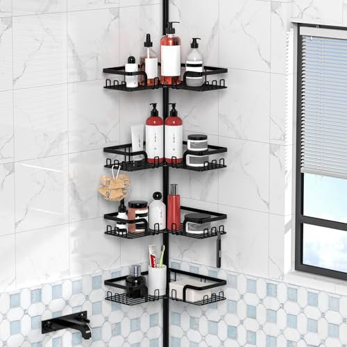 Kegii Telescopic Shower Caddy, Corner Shower Shelf Bathroom Corner Storage Bath Organizer Caddy without Drilling, 4 Basket Black