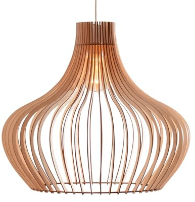 Nordestic Pendelleuchte Holz „Iduna“, skandinavische Hängelampe Esstisch + Wohnzimmer, Boho Hängeleuchte höhenverstellbar + dimmbar mit E27 Fassung (Höhe x Durchmesser 50 cm x 55 cm)