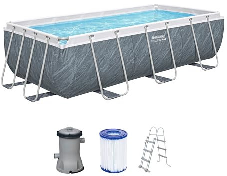 Bestway Power Steel Frame Pool Set mit Filterpumpe 404 x 201 x 100 cm, Marmor-Optik (Schiefergrau), eckig