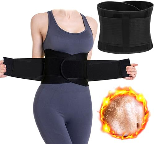 UZSUZZ Waist Trainer Belt, Sweat Waist Cincher Trimmer with Dual Adjustable Belly, Adjustable Back Brace Support Belt, Women Body Shaper Sports Slimming Band for Fitness Workout, Unisex, S/M Black