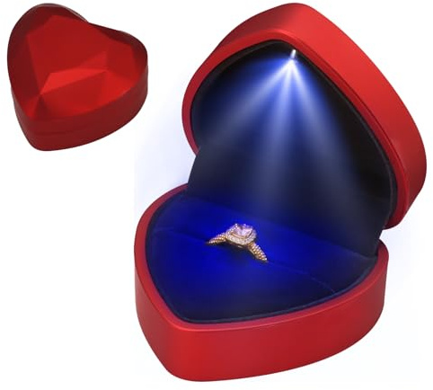 Ring Box With LED Light for Mother's Day, Heart Shape Jewellery Gift Box Ring Organiser Earring Storage Diamond Luxury Storage Box Case Display Holder for Women Proposal Wedding Engagement (Red)