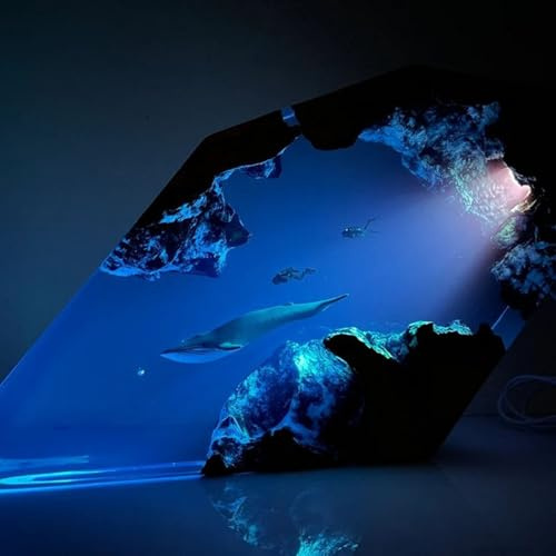 Drawelry Ocean Resin Wood Light Decor Ornament, Handmade Resin Wooden Lamp Multicolor USB Night Light,Deep Sea Marine Animals Cave Diving Nightlights Birthday Gift for Friend Family (Blue Whale)