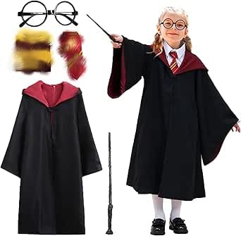 Kitimi Costume Harry Hermione 5 pièces pour garçon avec baguette magique, cape, lunettes, cravate, écharpe, cosplay, Halloween, journée mondiale du livre, carnaval