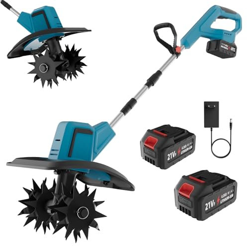 Motoazada Bateria, 21V Motoazada Electrica con 2x4,0 Ah Baterías, Motor Sin Escobillas, Profundidad 15cm, Ancho 20cm, Cuchilla de Doble Cara, Agricultura y Jardinería.